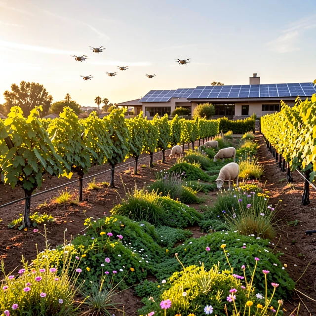 Modern sustainable vineyard showcasing cover crops, grazing animals, and renewable energy integration