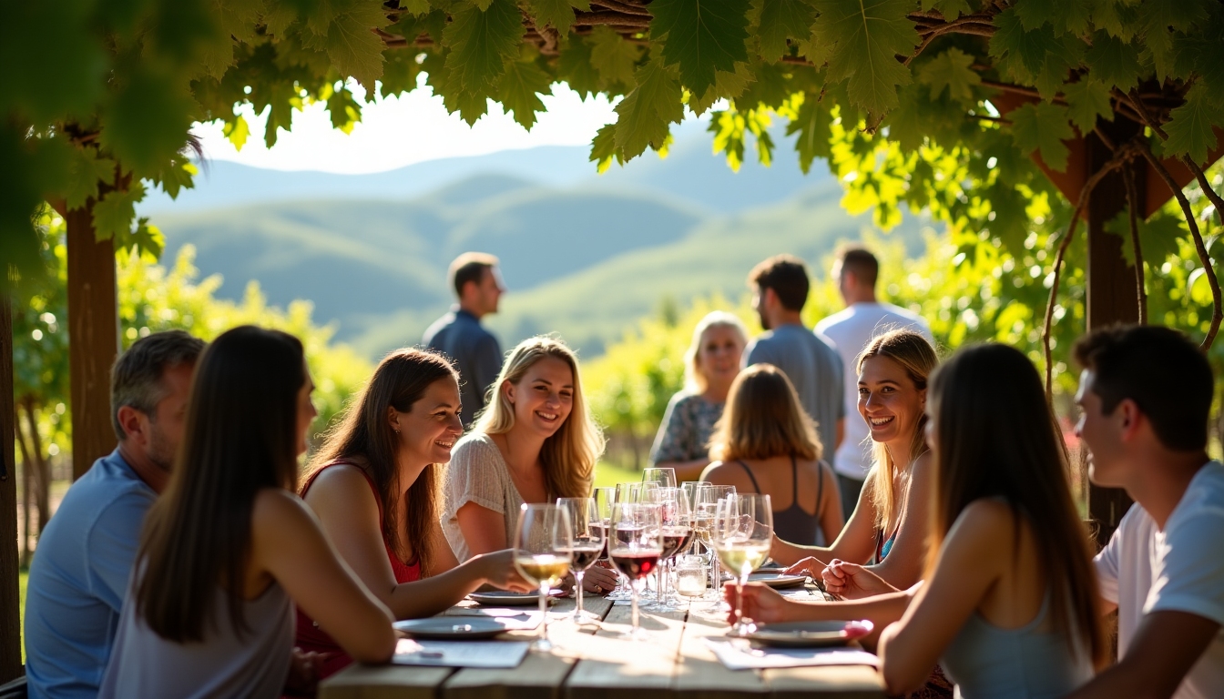 A cozy outdoor wine tasting setting with people enjoying glasses of wine among grapevines.