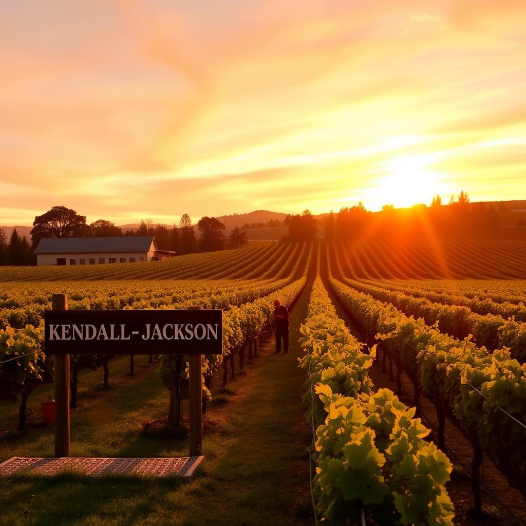 Sunset over Kendall-Jackson vineyard in Sonoma County with workers tending grapevines