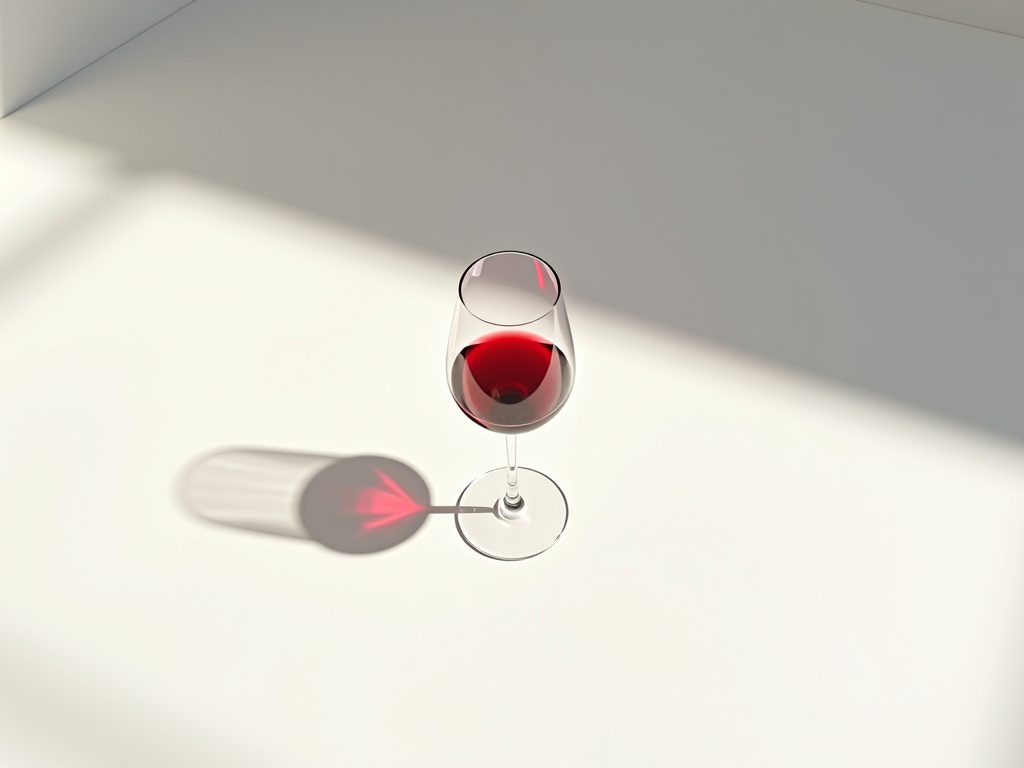 Glass of red wine casting a heart shadow on a white table.