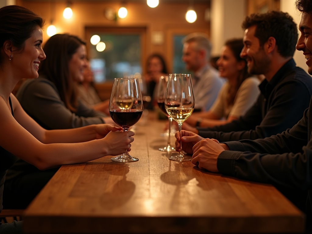 Guests enjoying wine in a cozy tasting room.