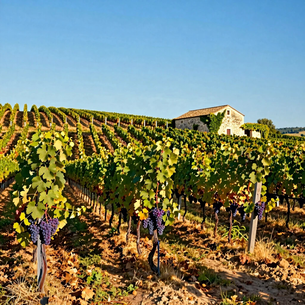Scenic vineyard landscape with ripe grapes and a winery