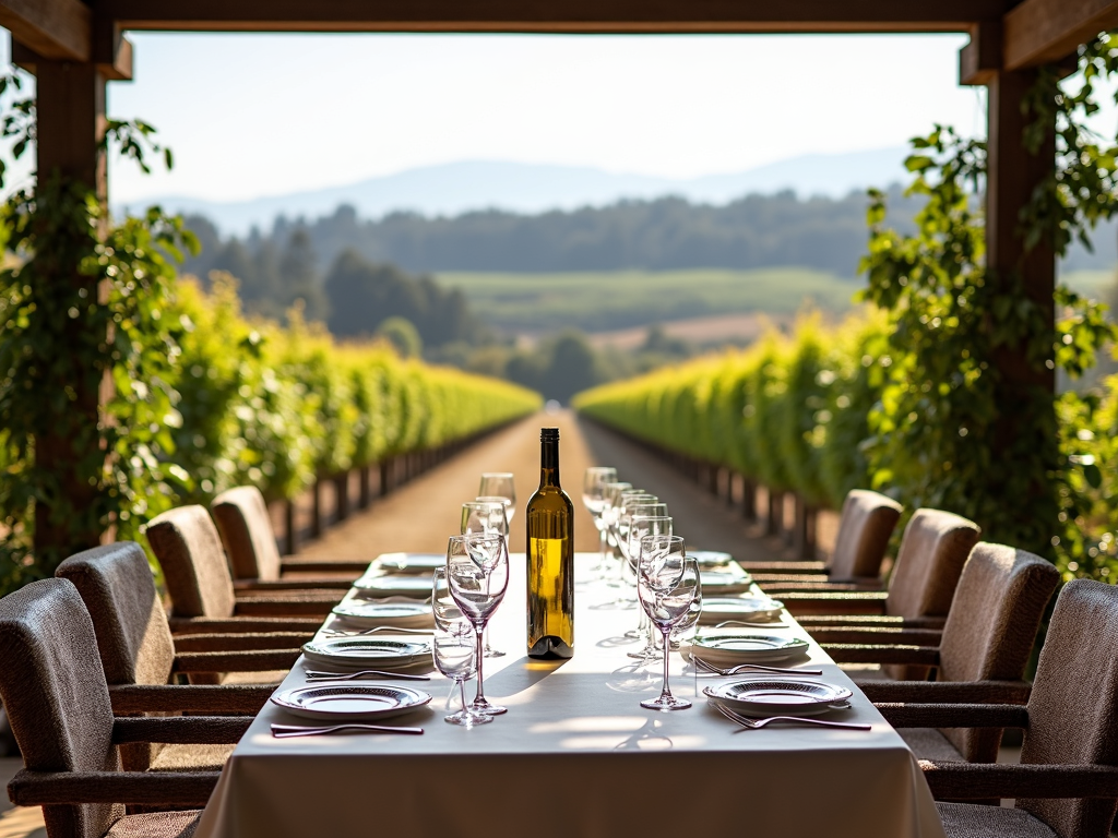 A well-organized wine tasting setup on a scenic patio.