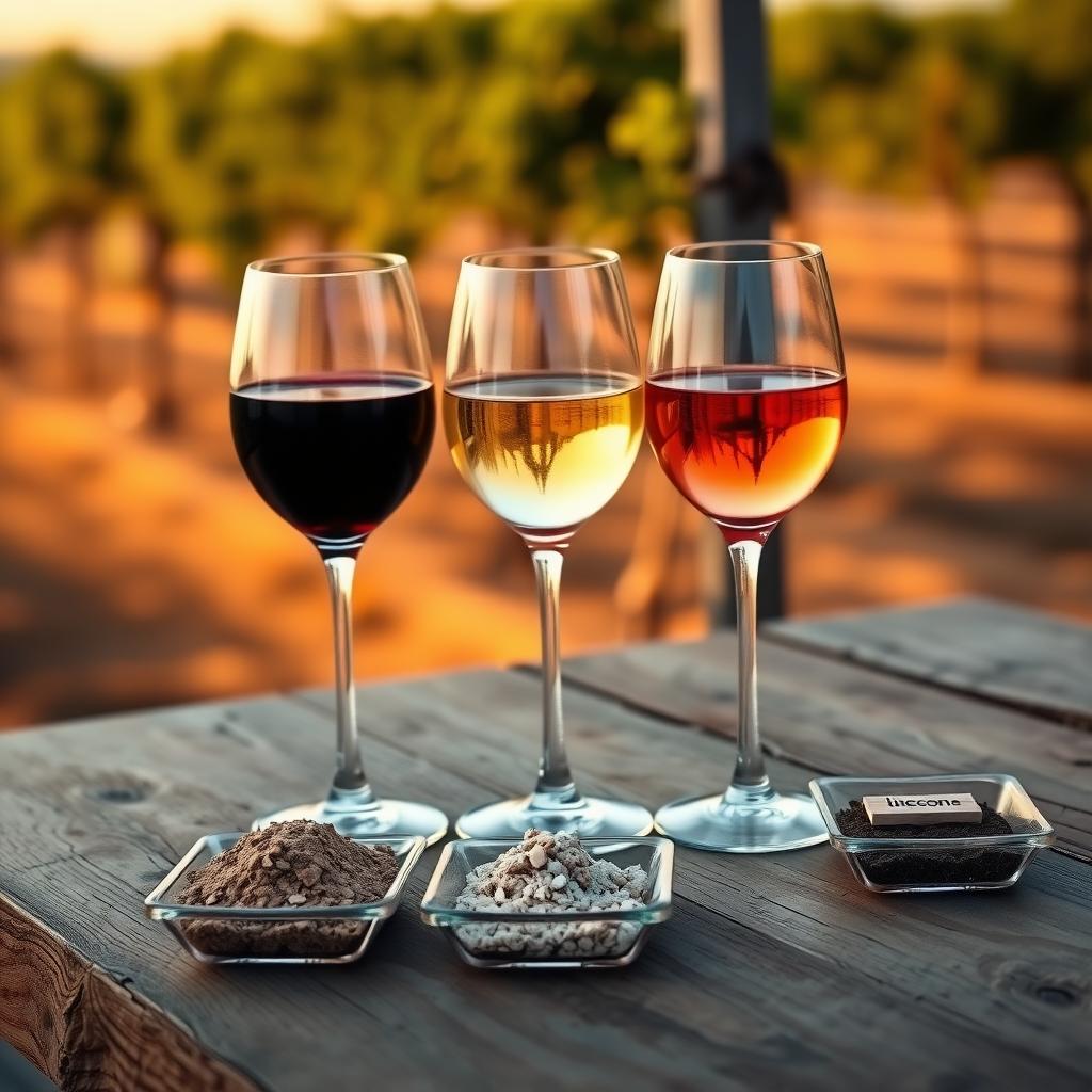 Three wine glasses on a table with piles of clay, sand, and limestone soils, vineyard in the background