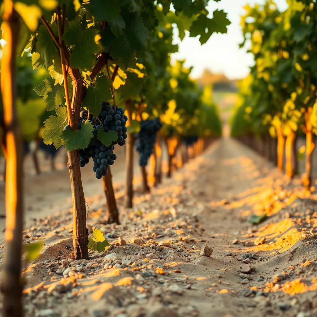Vineyard with grapevines in sandy soil during golden hour