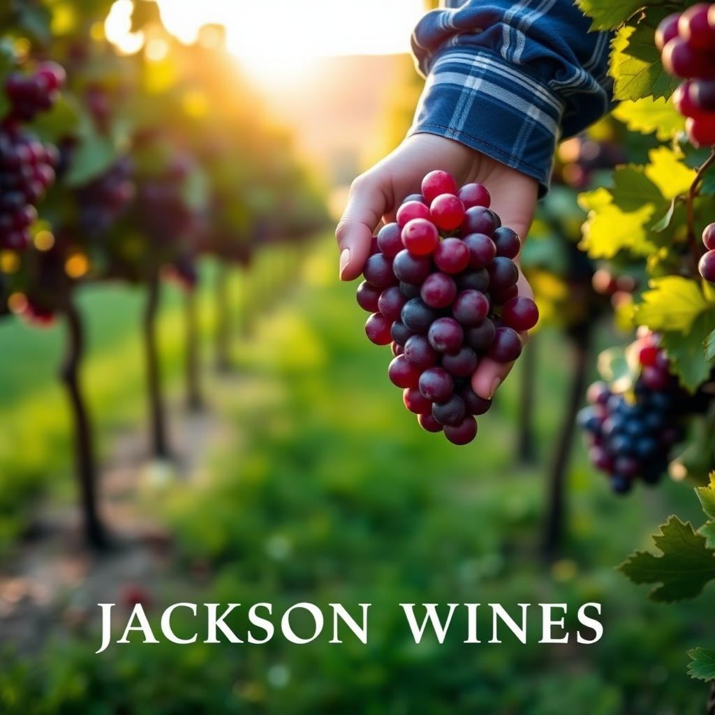 Winemaker’s hands holding red grapes in a sunlit vineyard