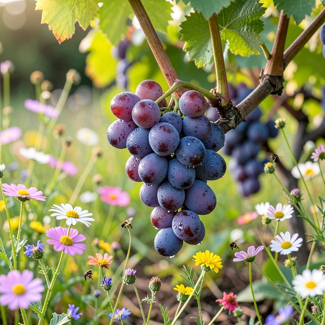 Ripe organic grapes on vines surrounded by wildflowers demonstrating vineyard biodiversity