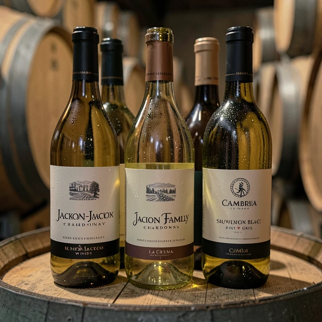 Assortment of chilled Jackson Family Wines white bottles arranged on a winery barrel