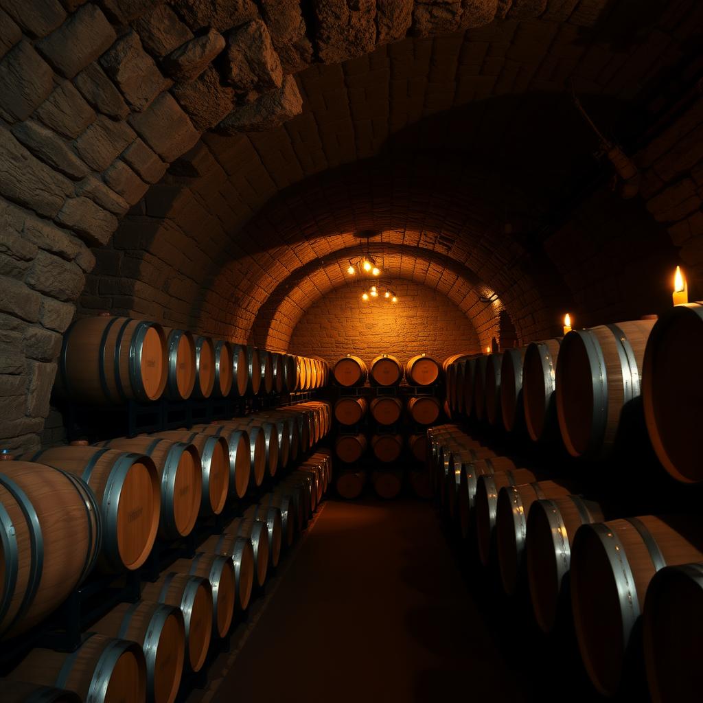 Beringer Vineyards’ historic wine-aging caves with oak barrels along stone walls.