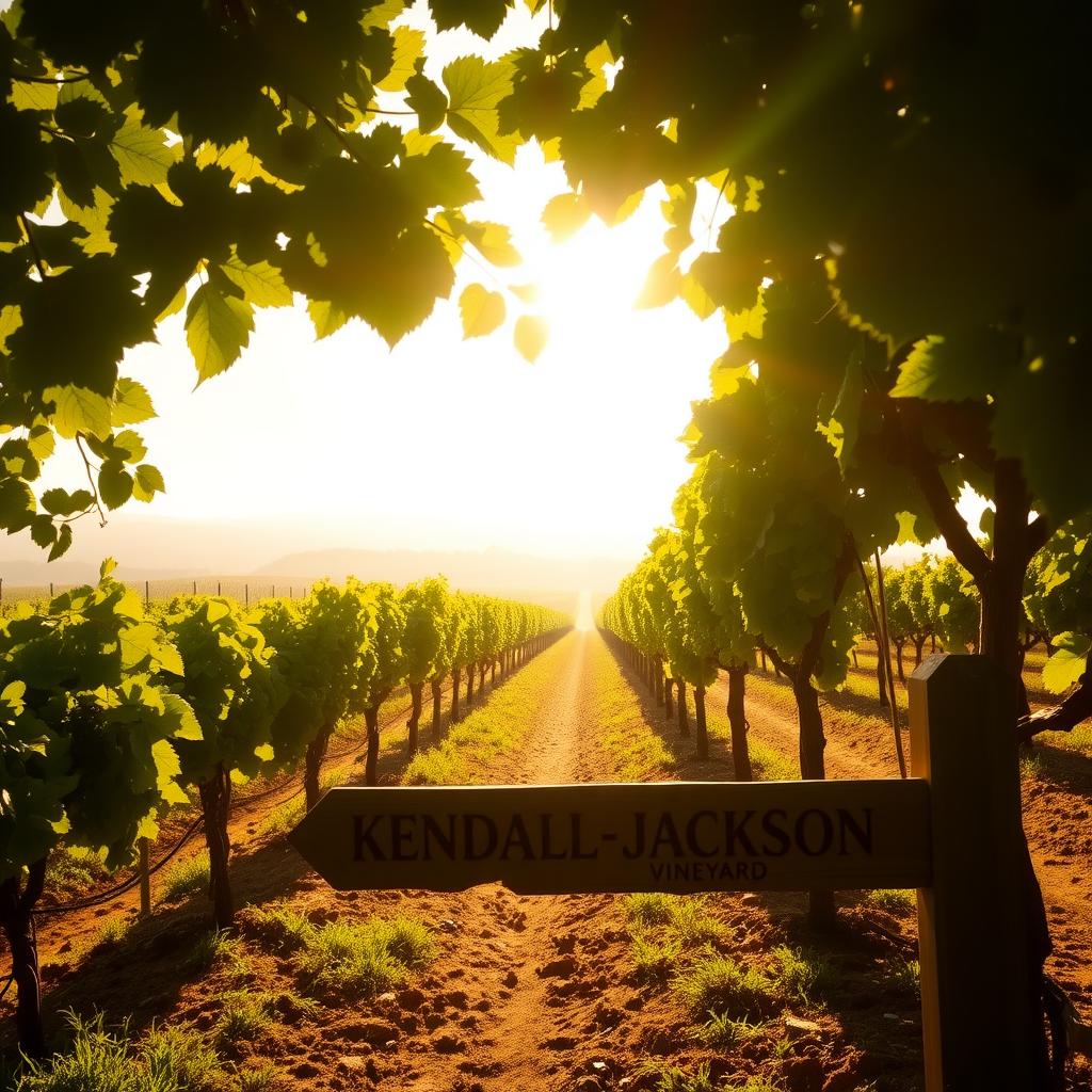 Sunlit rows of grapevines in Sonoma County’s Kendall-Jackson Vineyard with Pacific fog in the background