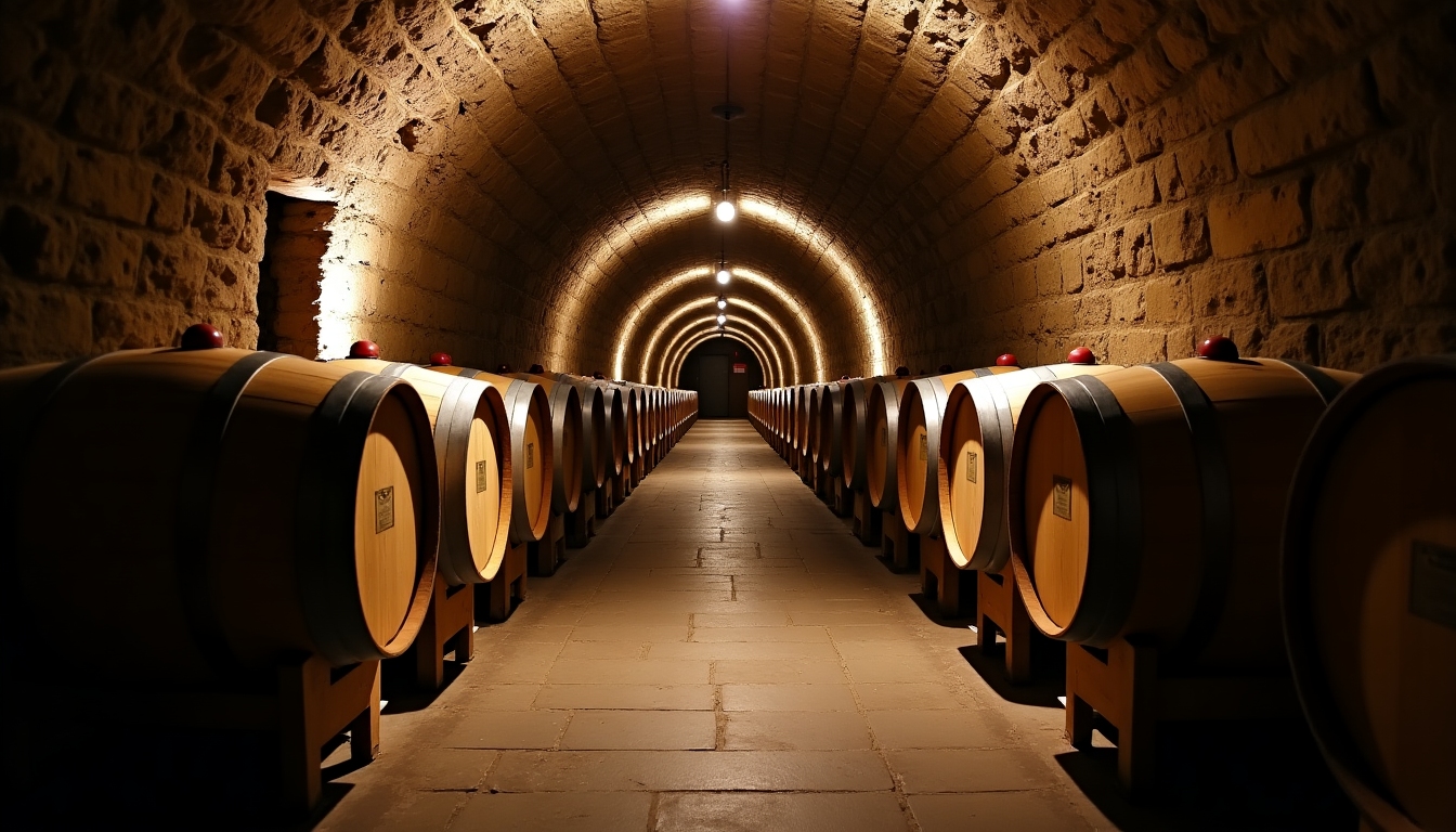 A wine cellar with barrels stacked neatly in rows, dimly lit to create a warm ambiance.