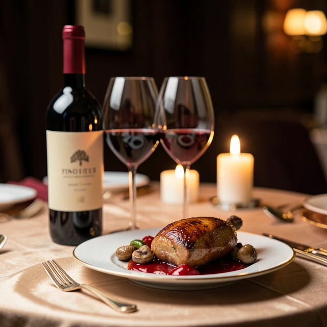 Elegant table setting with Pinot Noir bottle, glasses, and roasted duck dish