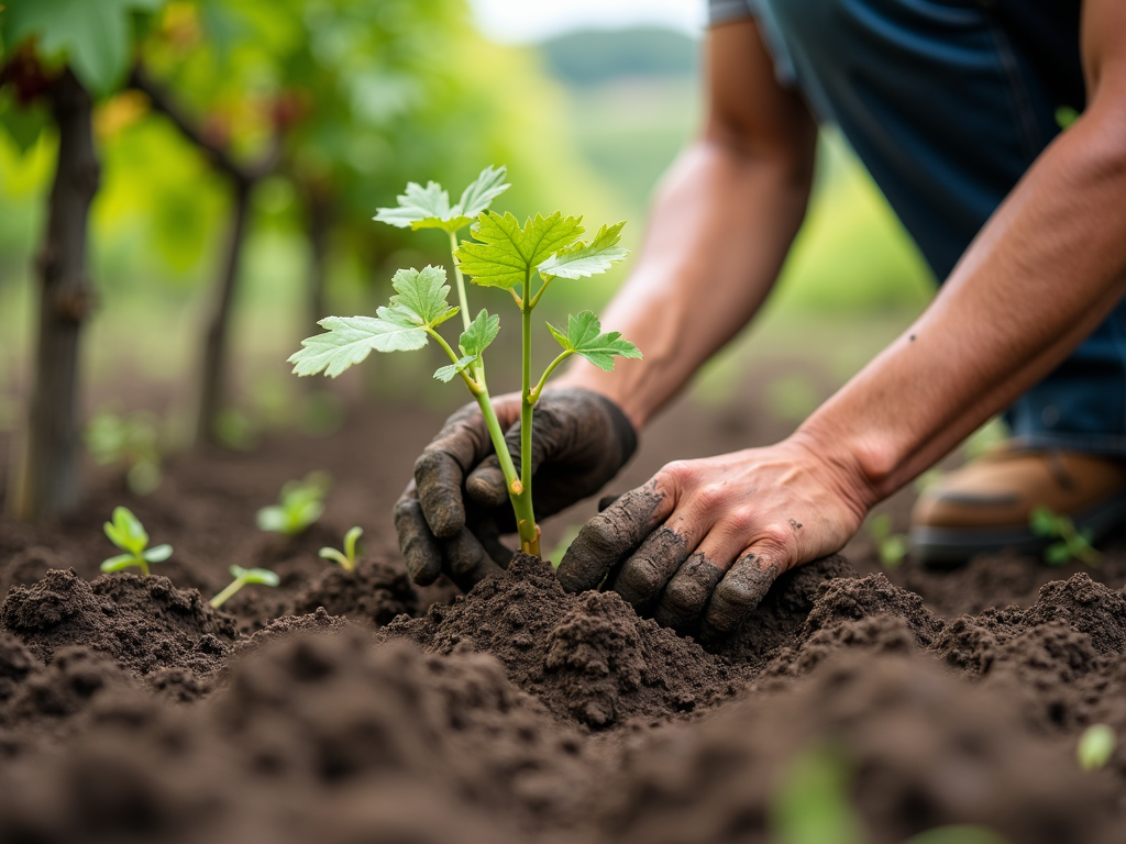 Worker planting grapevine in sustainable vineyard