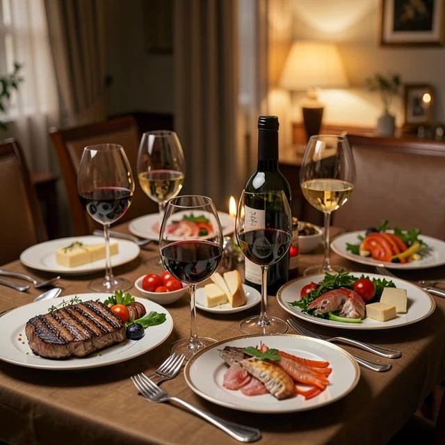 Examples of food and wine pairings on a dinner table