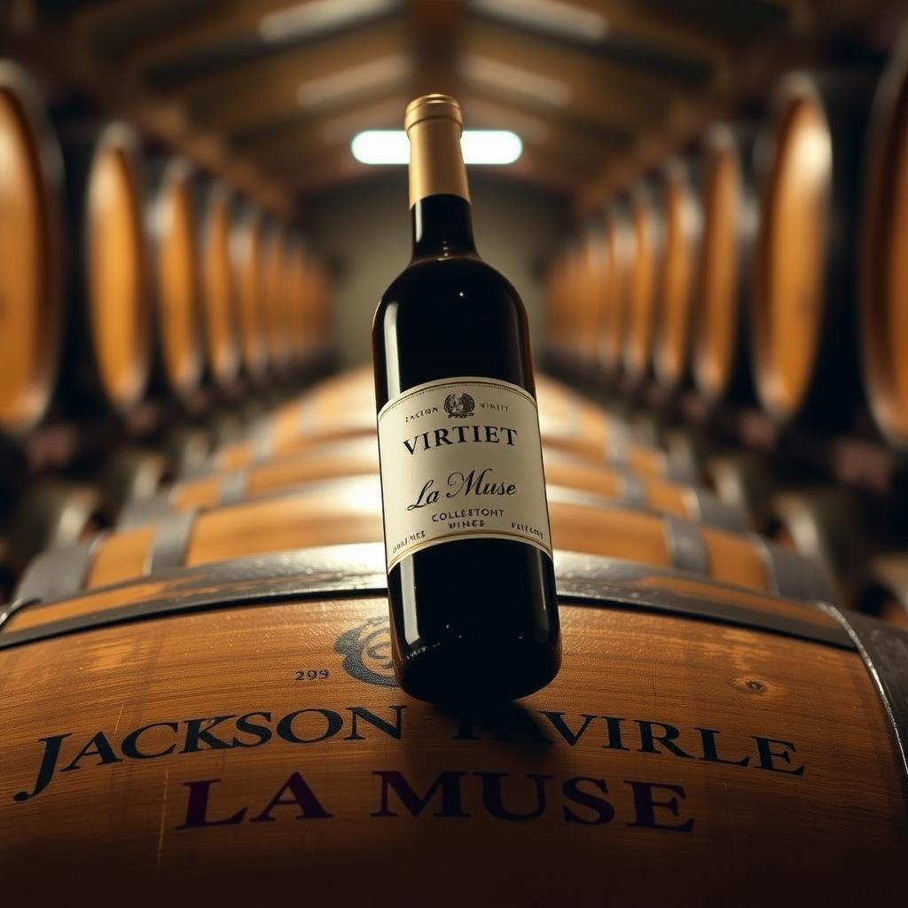 Oak wine barrel with Vérité La Muse bottle in a cellar