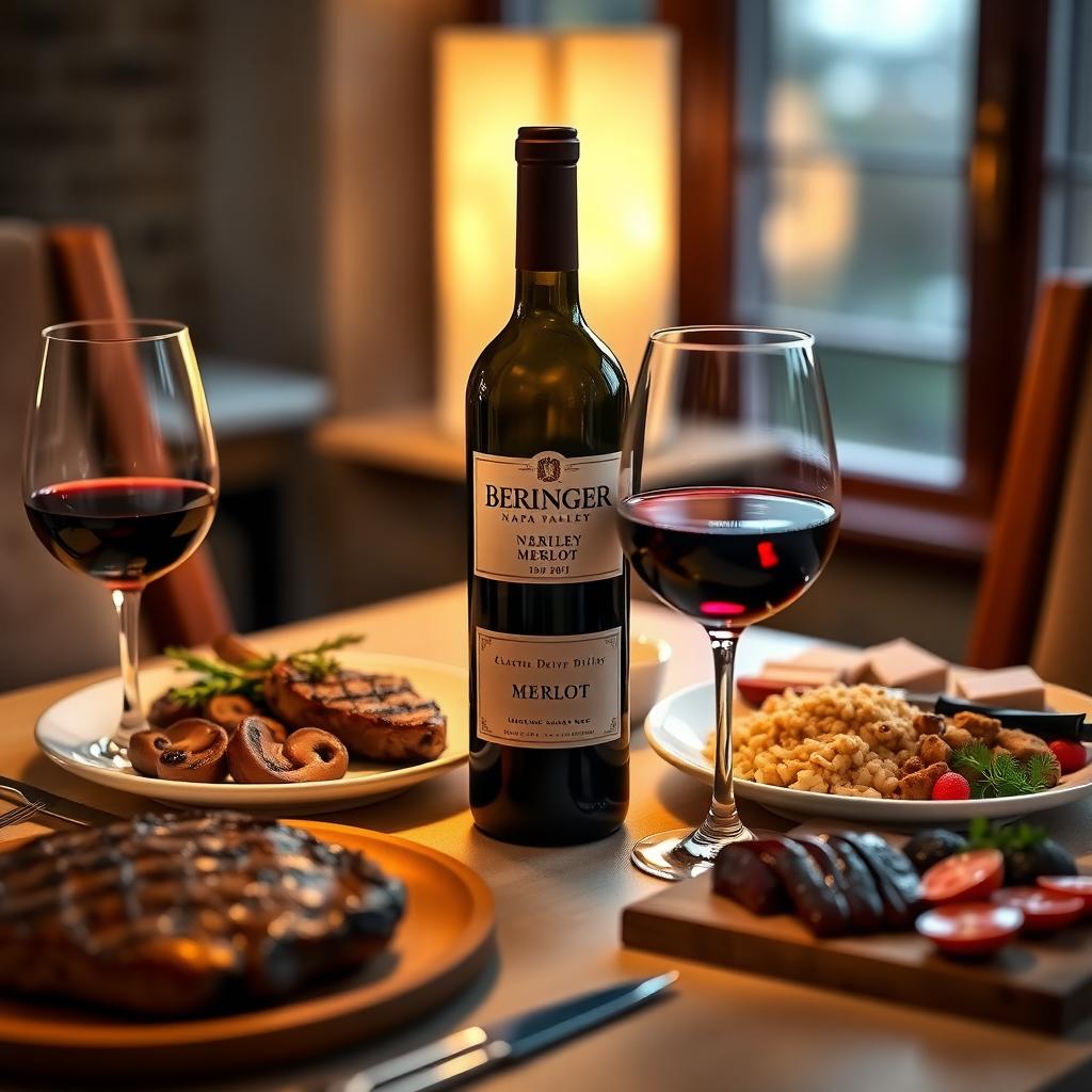 A cozy dinner table with Beringer Napa Valley Merlot, steak, risotto, and charcuterie under candlelight.