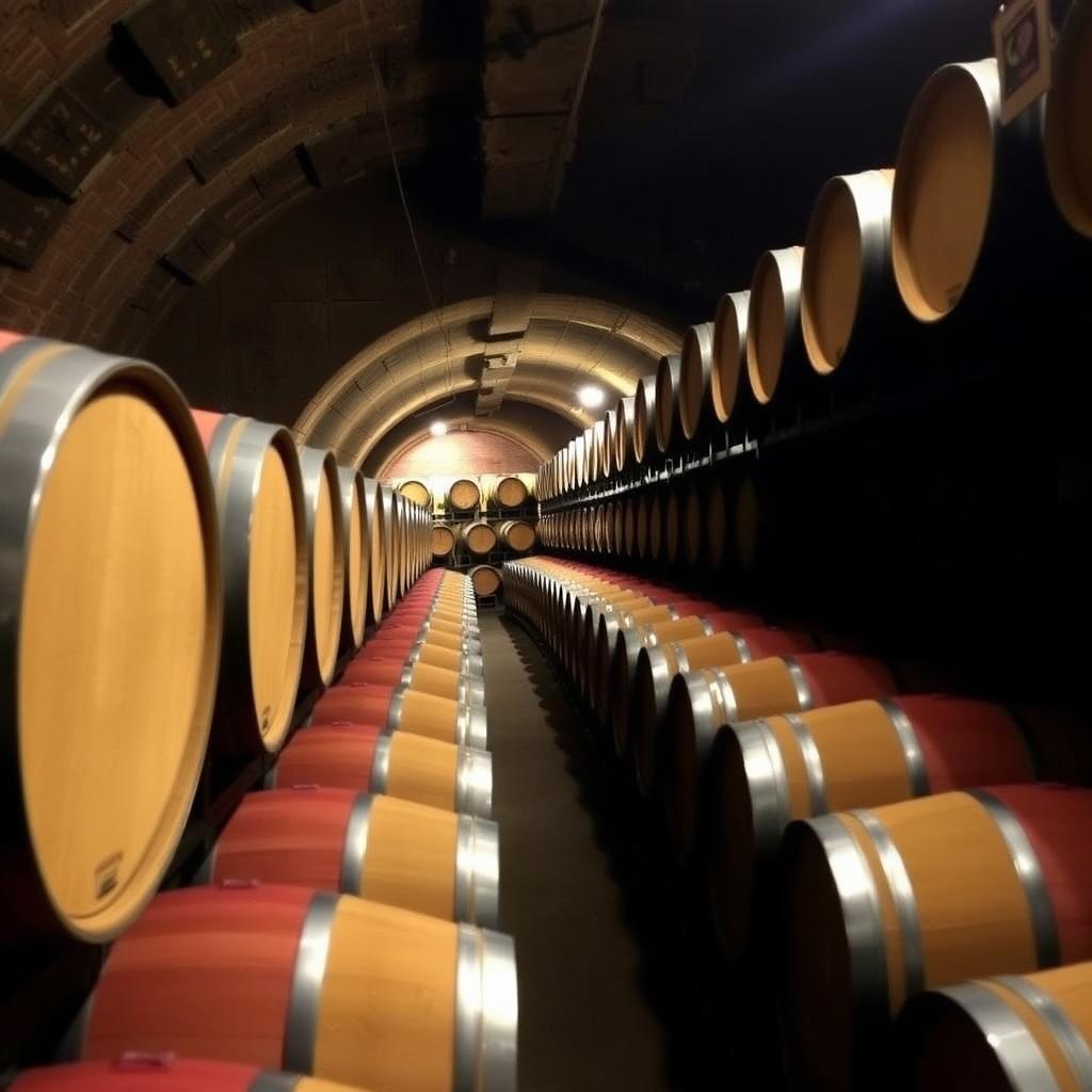 Beringer wine aging in oak barrels.