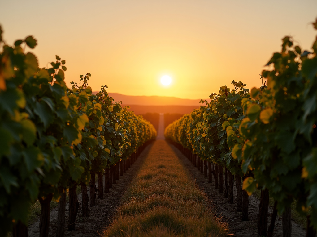 A picturesque vineyard at sunset, showcasing the beauty of wine production.