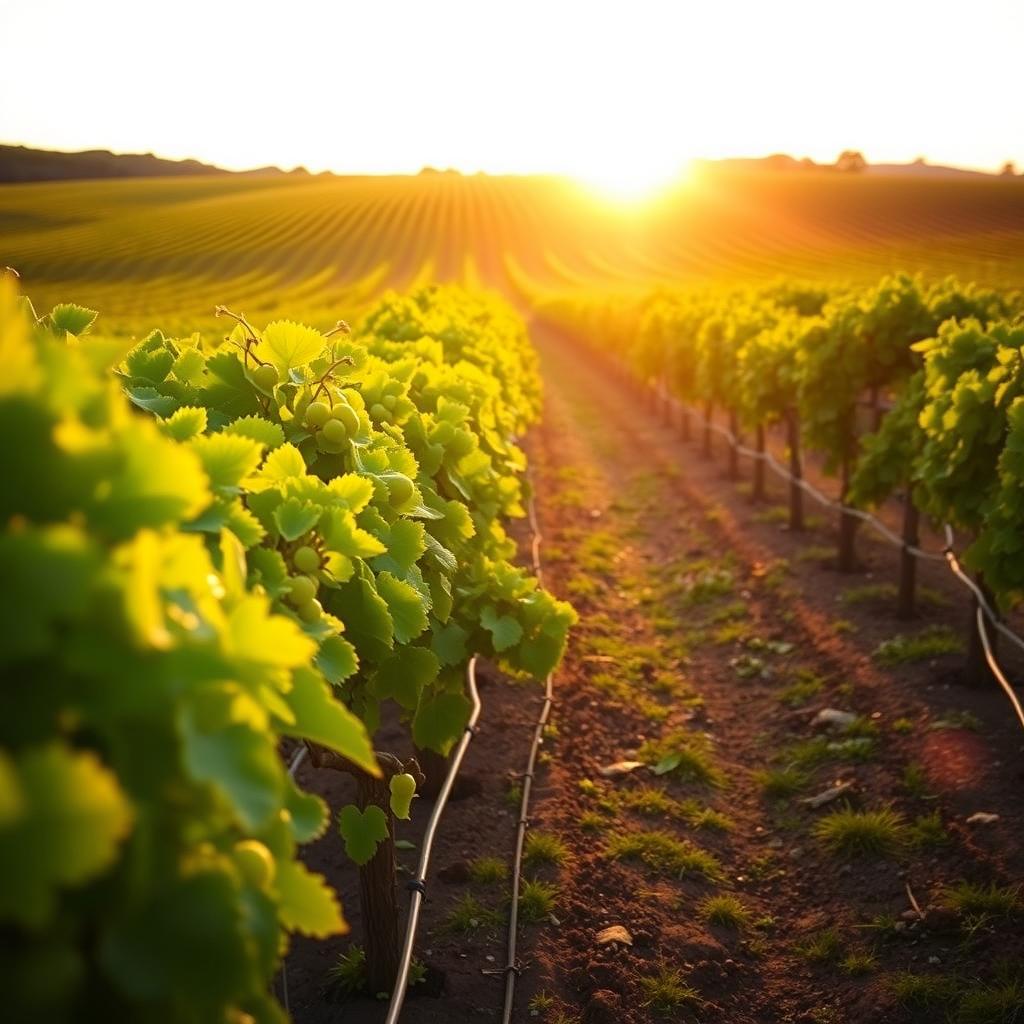 Sunrise over a sustainable vineyard with drip irrigation