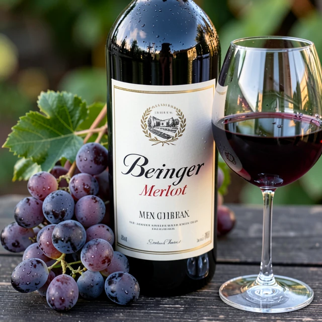 Beringer Merlot bottle with grapes and a glass of wine