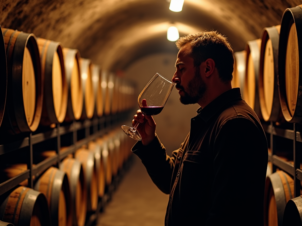 Winemaker tasting wine in cellar