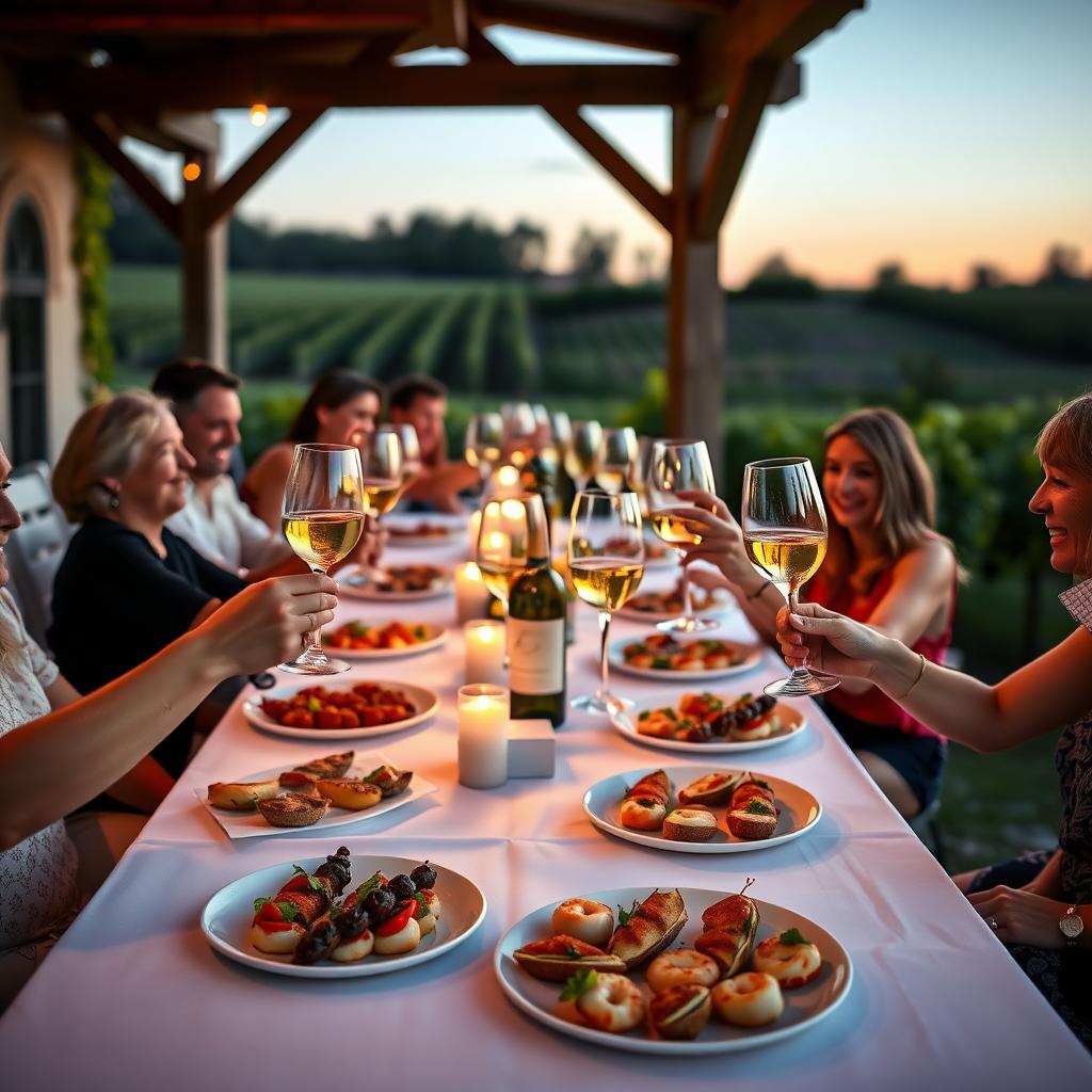 Outdoor dinner party with guests toasting Kendall-Jackson Chardonnay and enjoying appetizers.