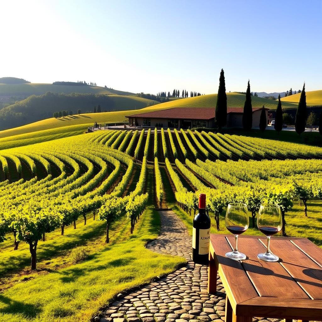 Antinori winery in Tuscany with vine-covered hills, a modern building, and an outdoor tasting area with Tignanello wine.