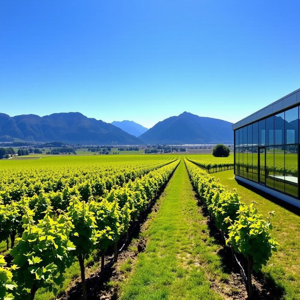 Marlborough vineyard with green grapevines, Southern Alps in the background, and a modern winery building.