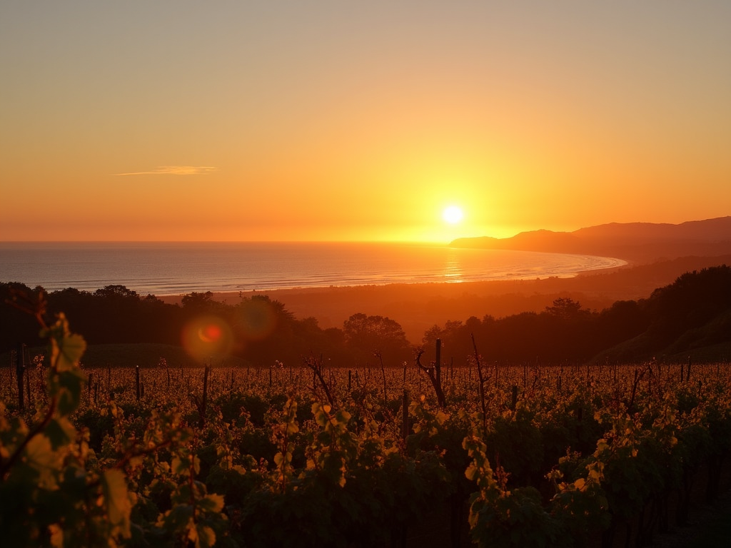 Sunset over Sonoma Coast vineyards and ocean