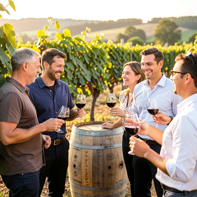 Guests enjoying a wine tasting event at a sustainable vineyard