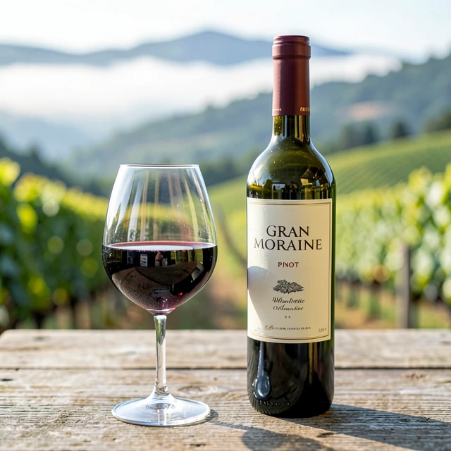 Bottle and glass of Gran Moraine Pinot Noir ready for tasting