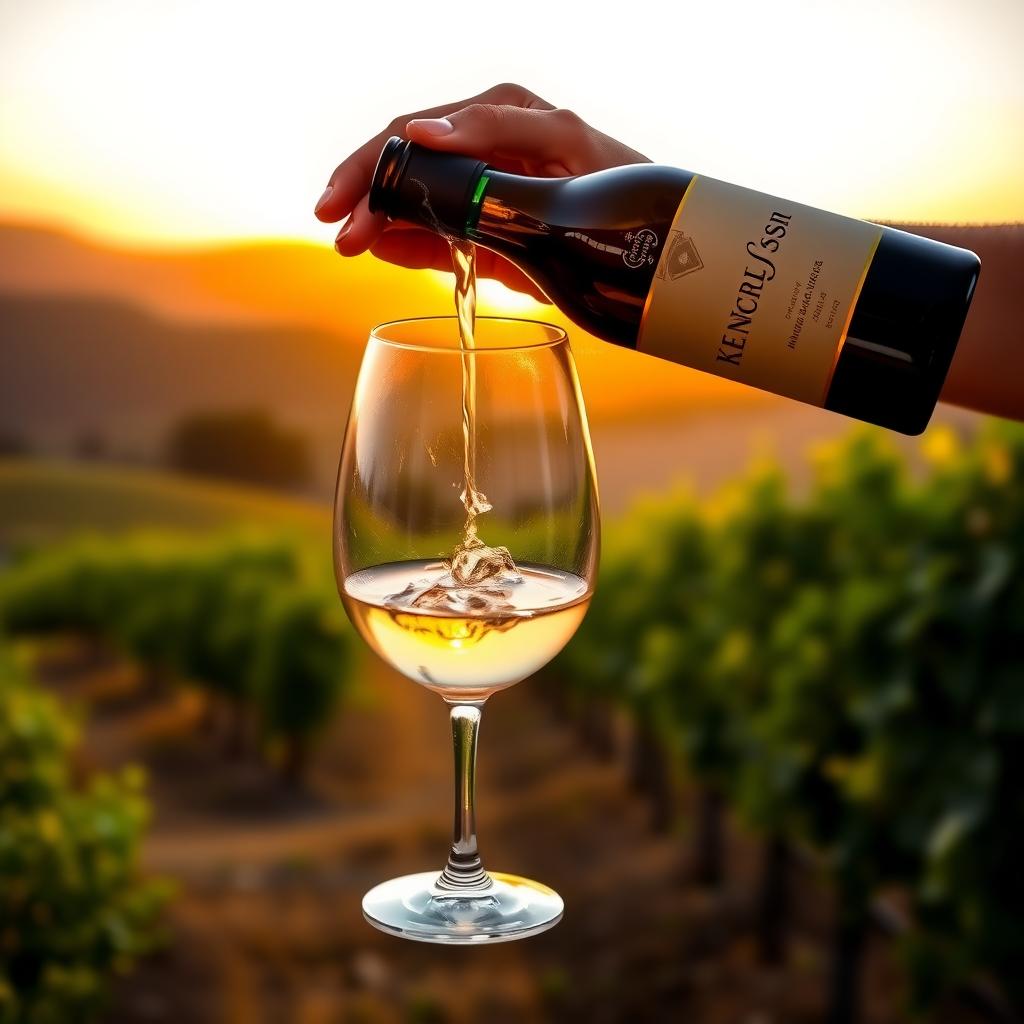 Pouring Kendall-Jackson Chardonnay into a glass with a vineyard sunset in the background.