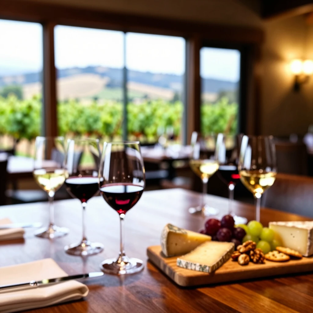 Wine tasting with red and white wines and cheese platter overlooking Napa vineyards