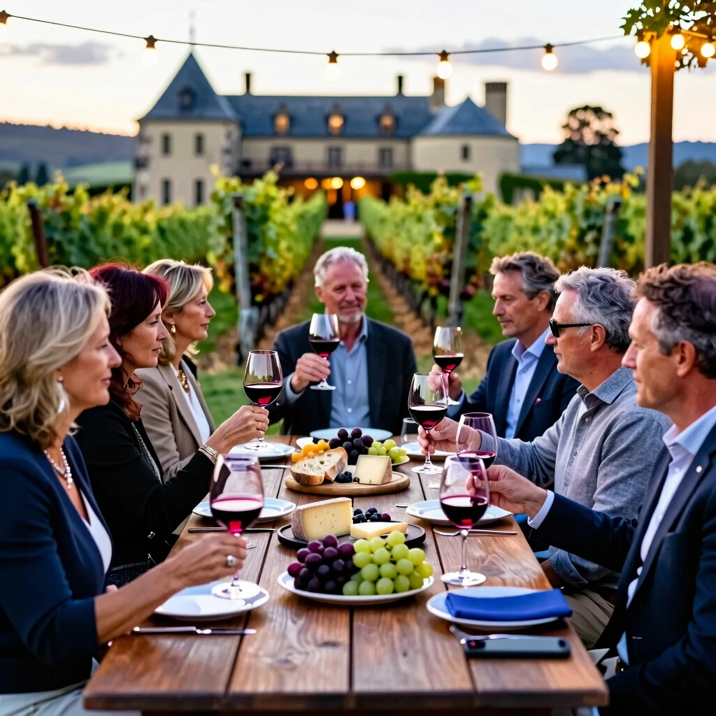 Friends toasting at a Beringer wine tasting event in the Napa Valley gardens