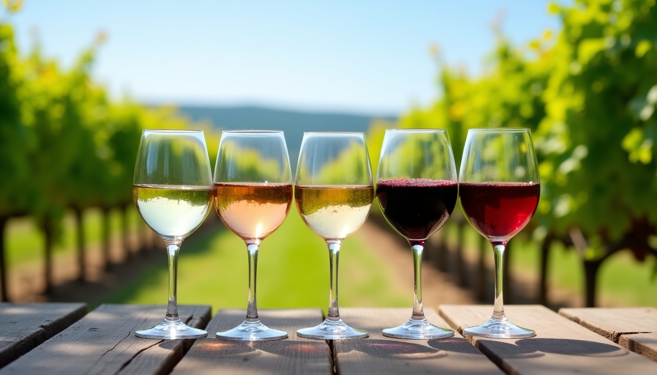Wine tasting at a vineyard with glasses of different wine types on a rustic table.
