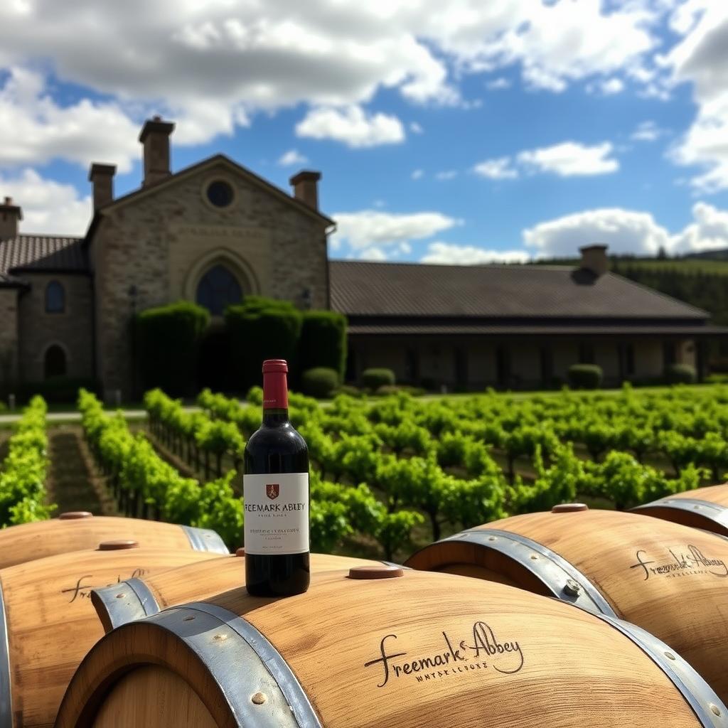 Freemark Abbey winery with oak barrels and a bottle of Cabernet Sauvignon