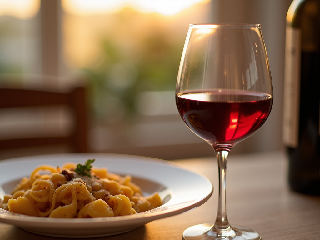 Glass of Pinot Noir next to a pasta dish