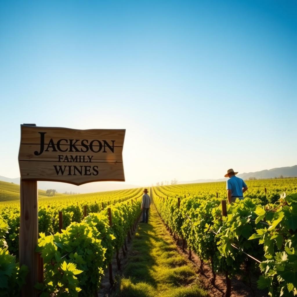 Sunlit Napa Valley vineyard with Jackson Family Wines sign and workers tending to grapevines