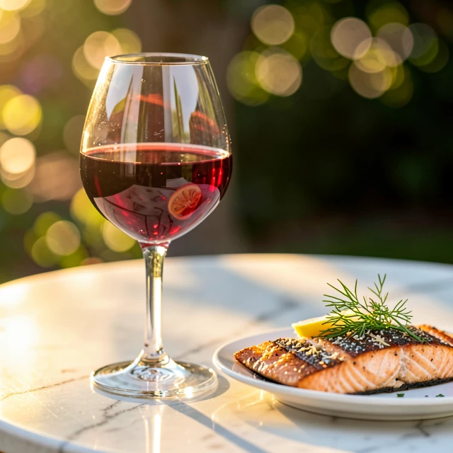 Glass of Pinot Noir beautifully paired with grilled salmon on an elegant table setting