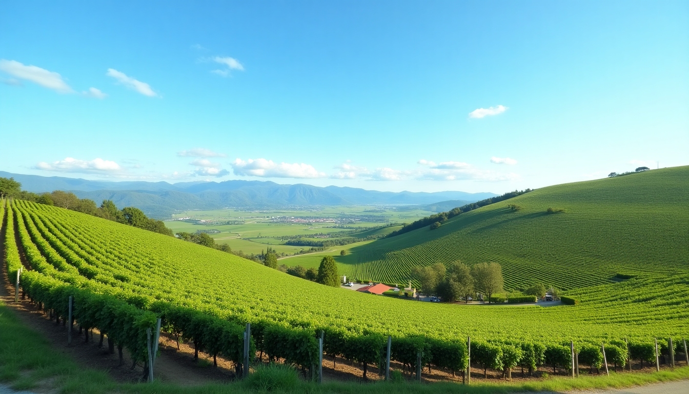 A scenic view of lush, green vineyards stretching across rolling hills under a clear blue sky.