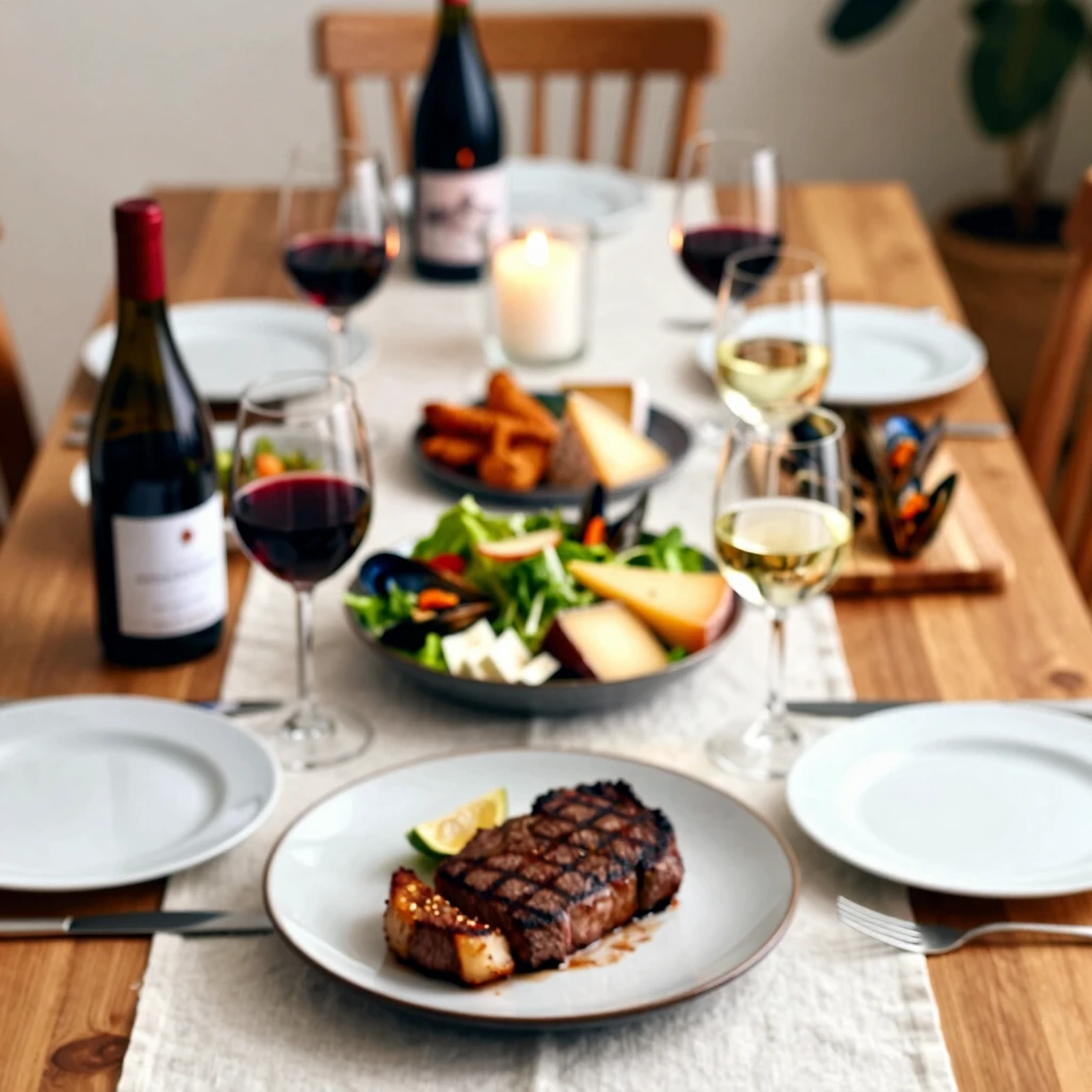 Elegant dining table showcasing food and wine pairings under warm lighting