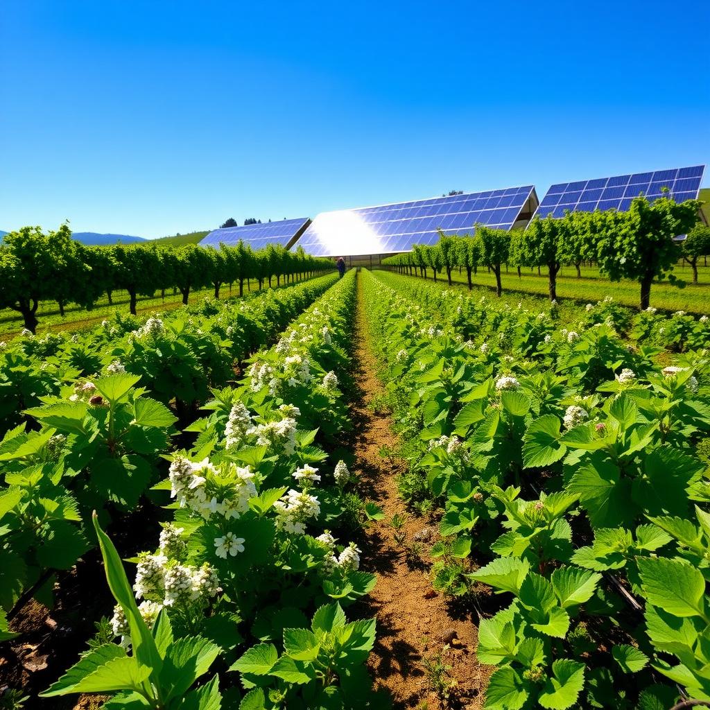 Sunlit Sonoma County vineyard with green vines, clover cover crops, and solar panels in the background