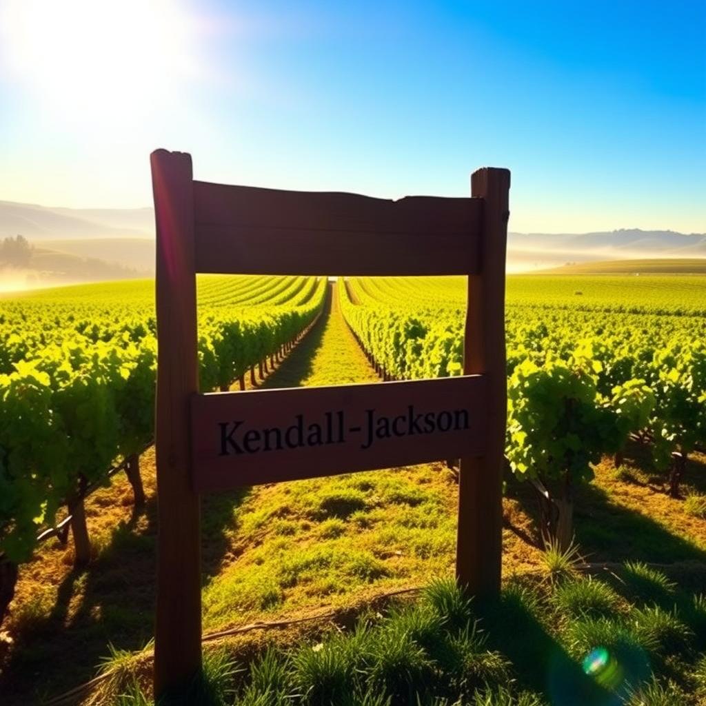 Sunlit Kendall-Jackson vineyard in Sonoma County with rows of grapevines and a rustic wooden sign.