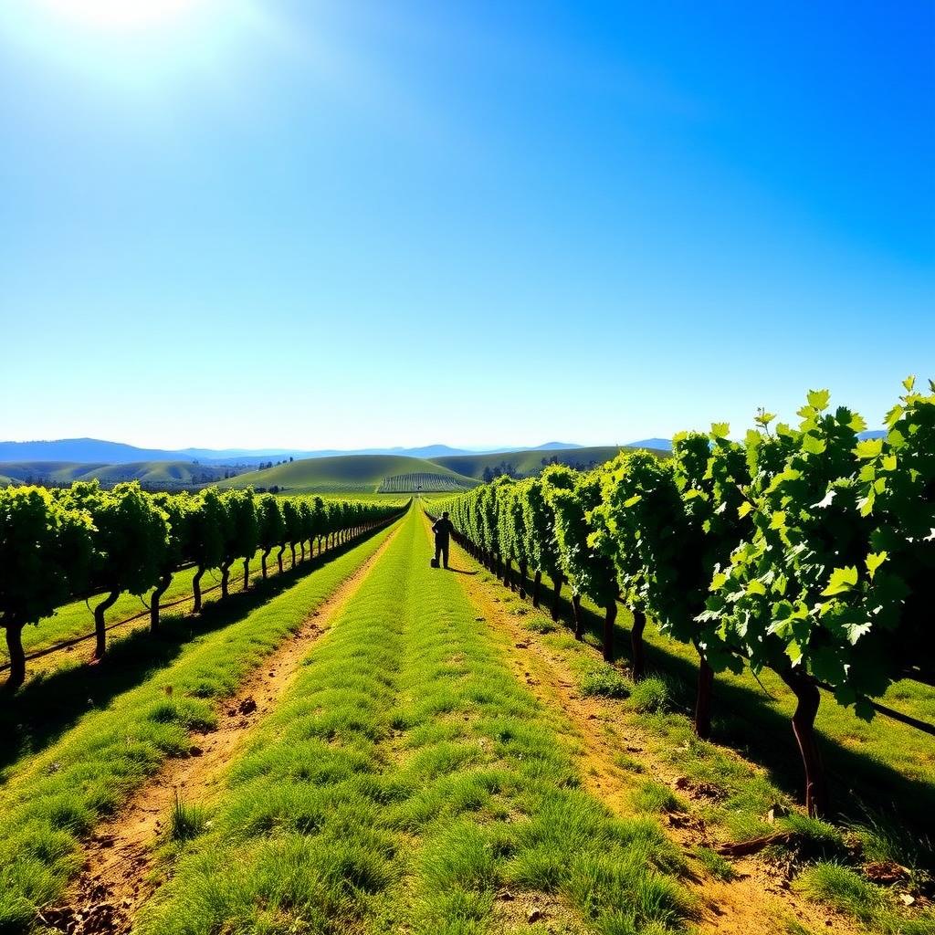 Sunlit Sonoma County vineyard with workers tending grapevines