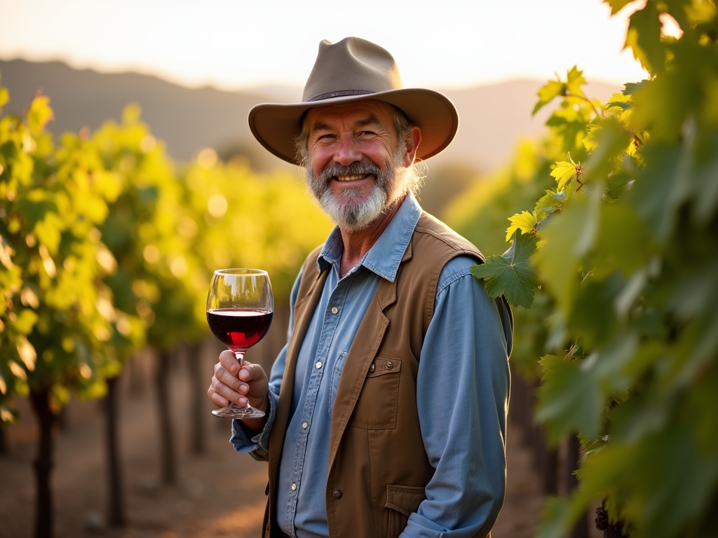Jess Jackson in vineyard with wine