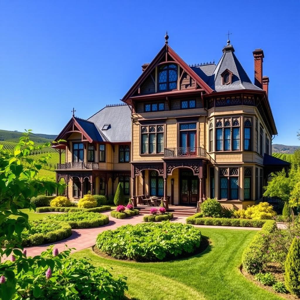 The historic Rhine House at Beringer Vineyards, surrounded by lush gardens and vineyards.