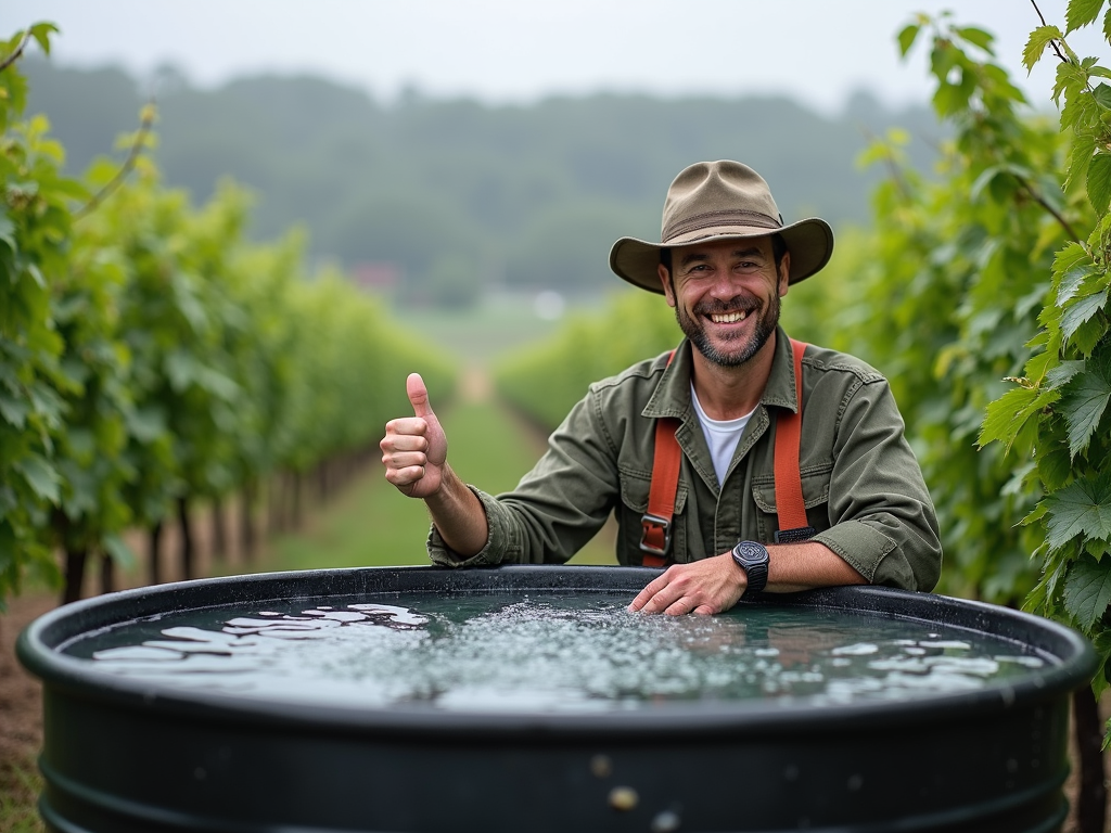 Worker celebrating a full rainwater tank
