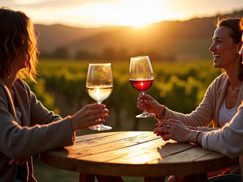 Friends enjoying wine tasting in a vineyard.