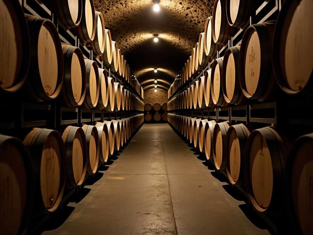 Oak barrels in a wine cellar for aging.