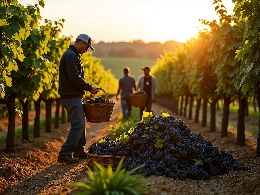 Harvesting grapes in the vineyard under the afternoon sun.